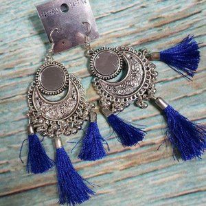Blue Boho Silver & Tassel Drop Earrings
